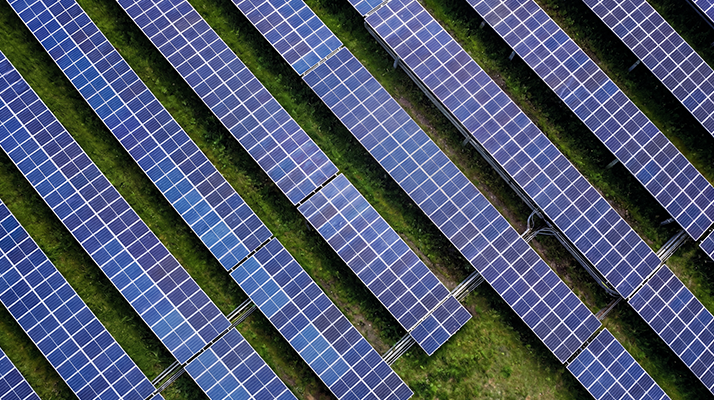Aerial view of rows of solar panels