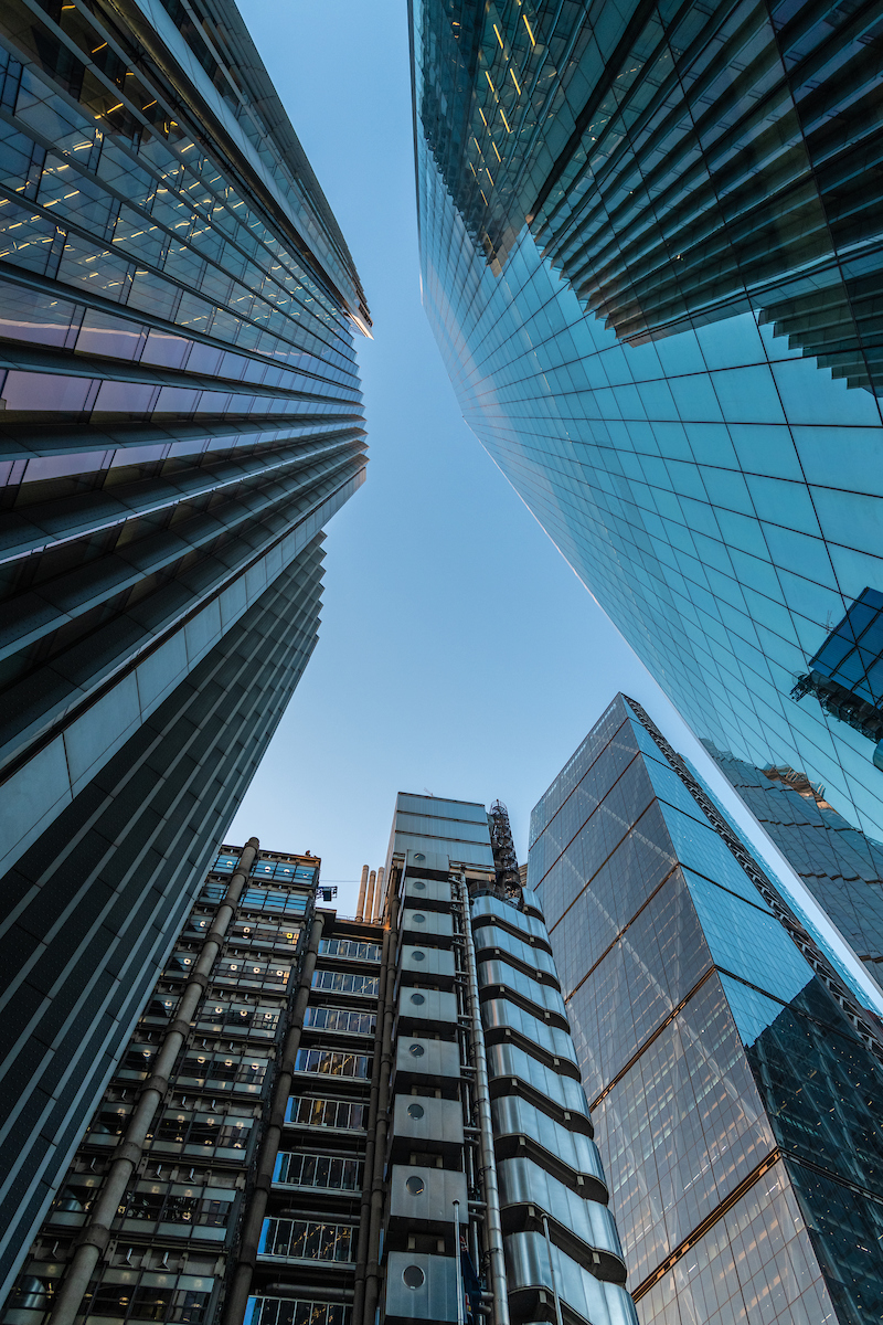 Low-angle view of modern glass skyscrapers
